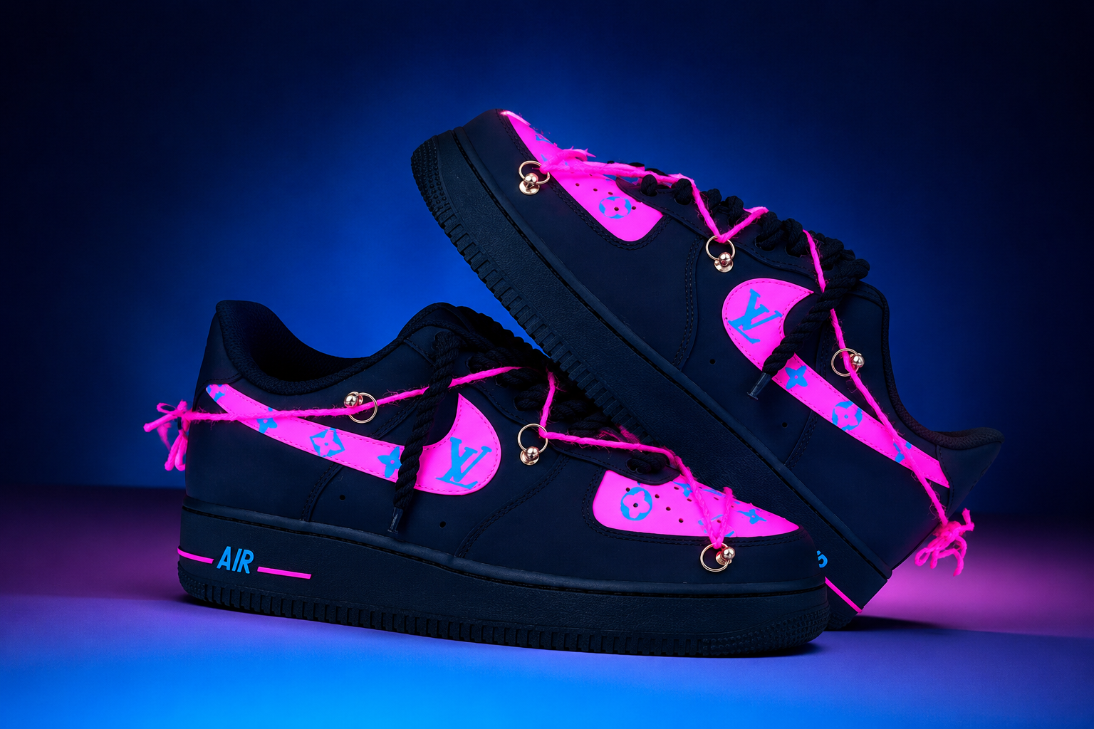 BLACK & LIGHT NEON PINK LV LOGO - AIR FORCE 1