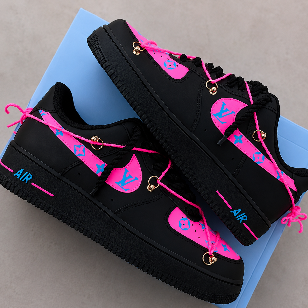 BLACK & LIGHT NEON PINK LV LOGO - AIR FORCE 1