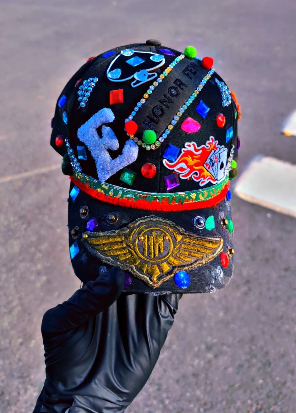 CUSTOM HANDMADE  BLACK CAP WITH DRIPPY DETAILS